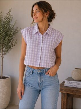 Zara Light Purple and White Gingham Button-Up Shirt Size M Cottagecore Plaid